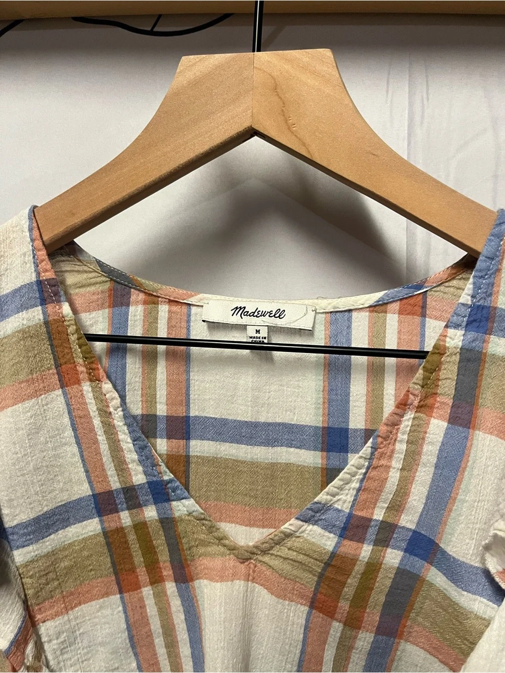 Madewell Plaid V-Neck Ruffle Puff Sleeve Blouse (rack)